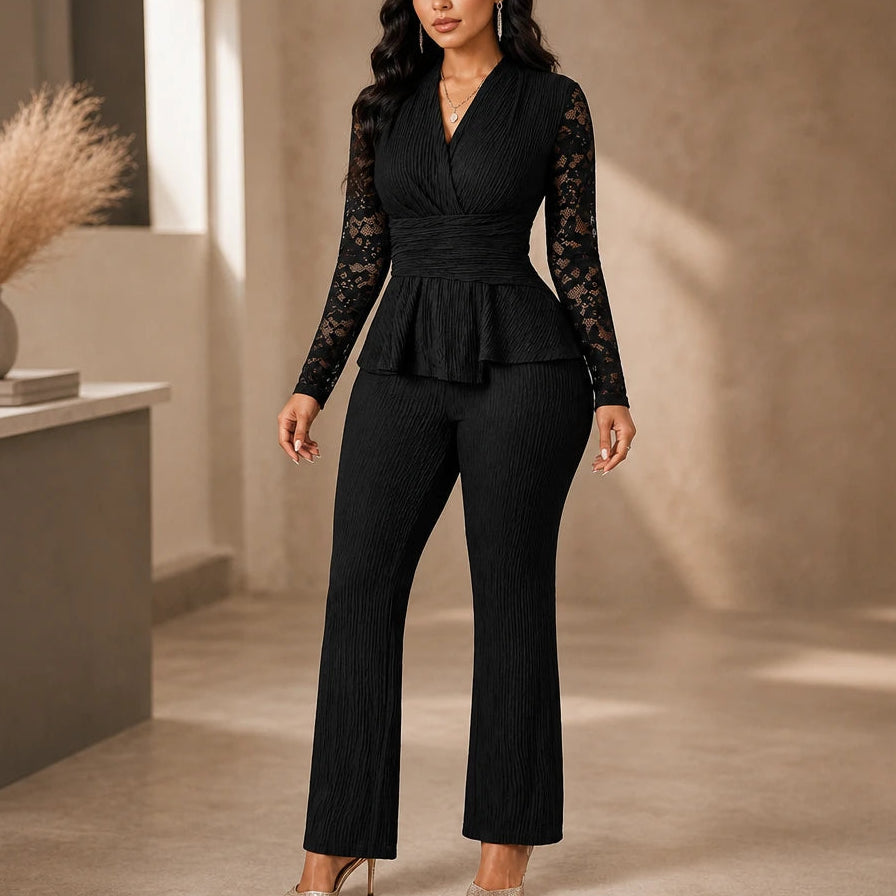 Women's Pleated Peplum Floral-Lace Pantsuit in black, Wide-Leg Formal