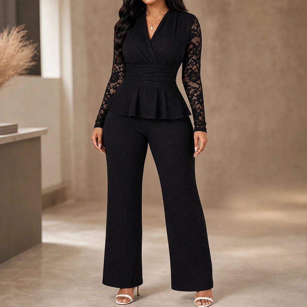 Women's Pleated Peplum Floral-Lace Pantsuit - Wide-Leg Formal