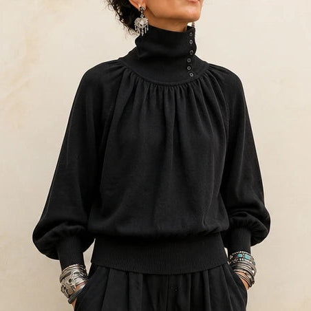 Women's Pleated Shoulder Lantern Sleeve Sweater in black, Relaxed Fit