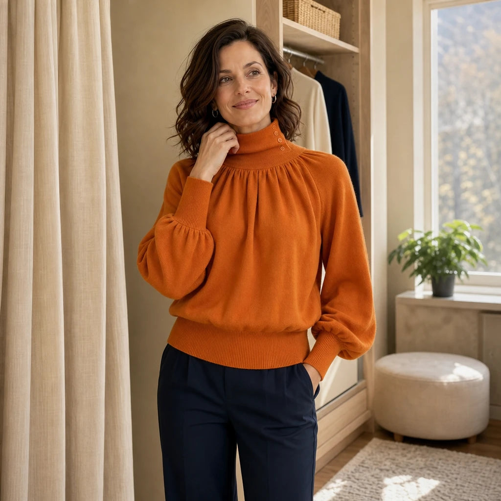 Women's Pleated Shoulder Lantern Sleeve Sweater - Relaxed Fit