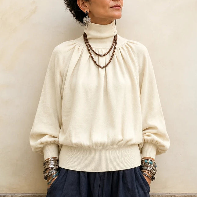 Women's Pleated Shoulder Lantern Sleeve Sweater in ivory, Relaxed Fit