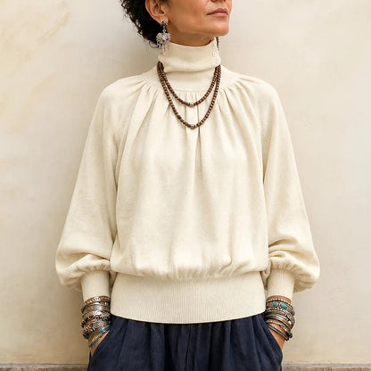 Women's Pleated Shoulder Lantern Sleeve Sweater in ivory, Relaxed Fit