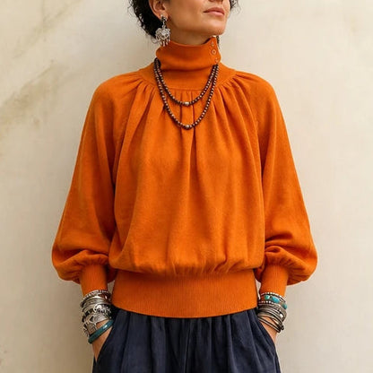 Women's Pleated Shoulder Lantern Sleeve Sweater in orange, Relaxed Fit