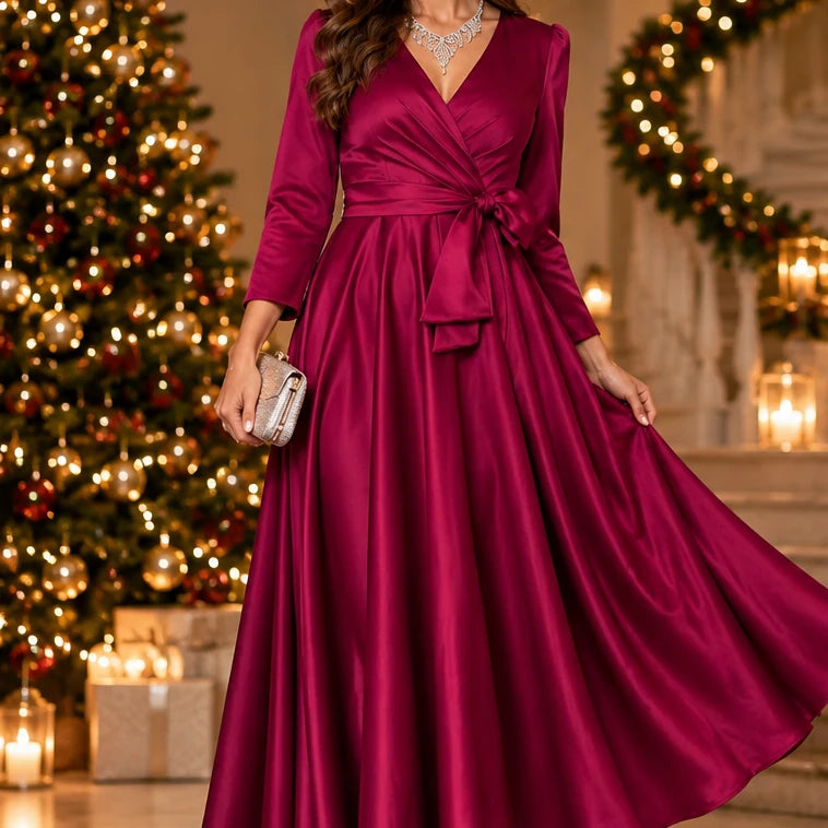 Women's Pleated Wrap Maxi Dress - Floor-Length Evening Elegance
