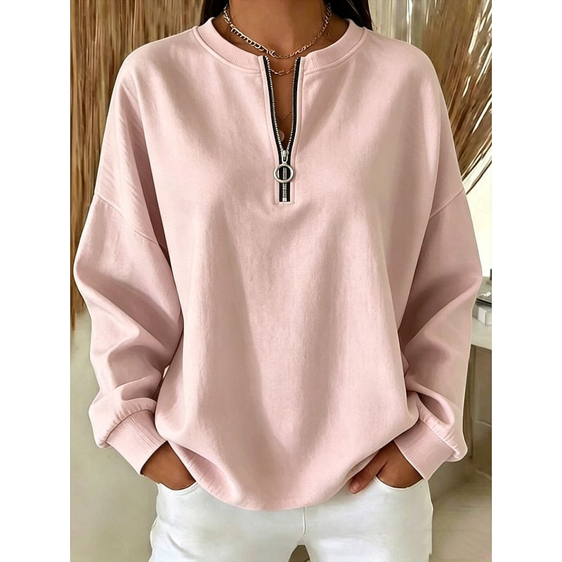 Women's Quarter-Zip High-Neck Sweatshirt in pink, Relaxed Fit