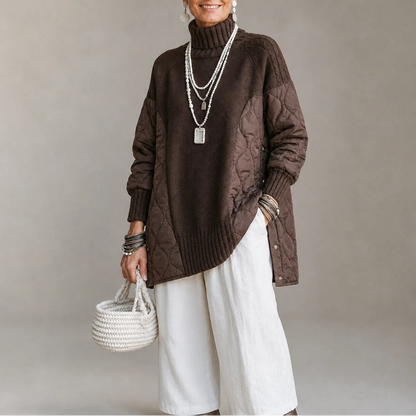 Women's Quilted Panel Turtleneck Pullover in coffee, Relaxed Fit