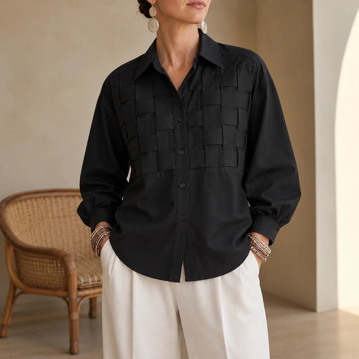 Women's Raised Woven-Check Long-Sleeve Blouse in black, Relaxed Fit