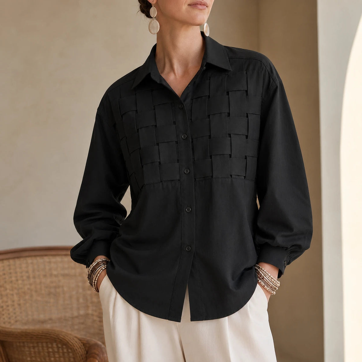 Women's Raised Woven-Check Long-Sleeve Blouse - Relaxed Fit