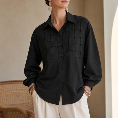Women's Raised Woven-Check Long-Sleeve Blouse - Relaxed Fit