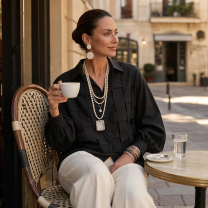 Women's Raised Woven-Check Long-Sleeve Blouse - Relaxed Fit