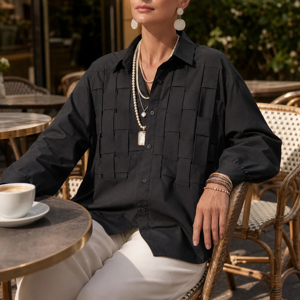 Women's Raised Woven-Check Long-Sleeve Blouse - Relaxed Fit