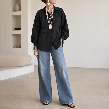 Women's Raised Woven-Check Long-Sleeve Blouse - Relaxed Fit