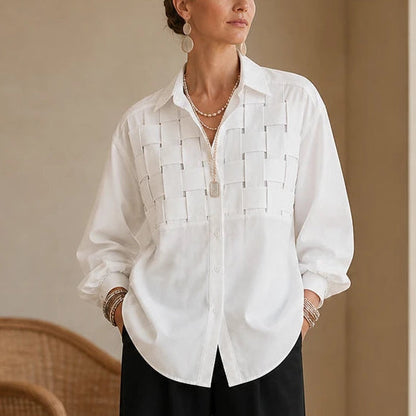 Women's Raised Woven-Check Long-Sleeve Blouse in white, Relaxed Fit