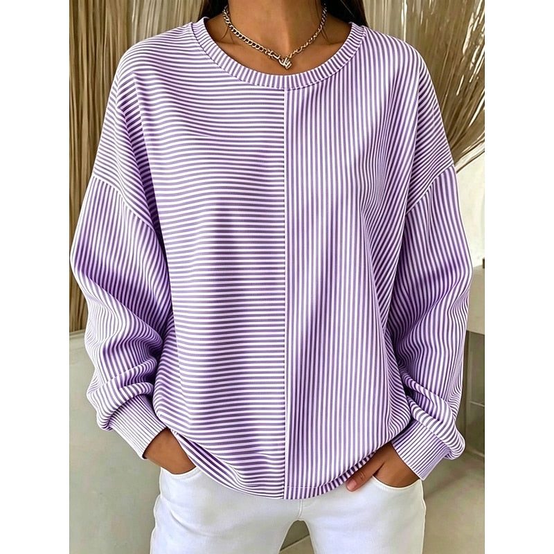 Women's Relaxed Striped Sweatshirt in purple, Crew Neck