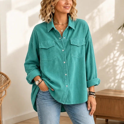 Women's Ribbed Corduroy-Look Button-Front Shirt in turquoise, Relaxed Fit