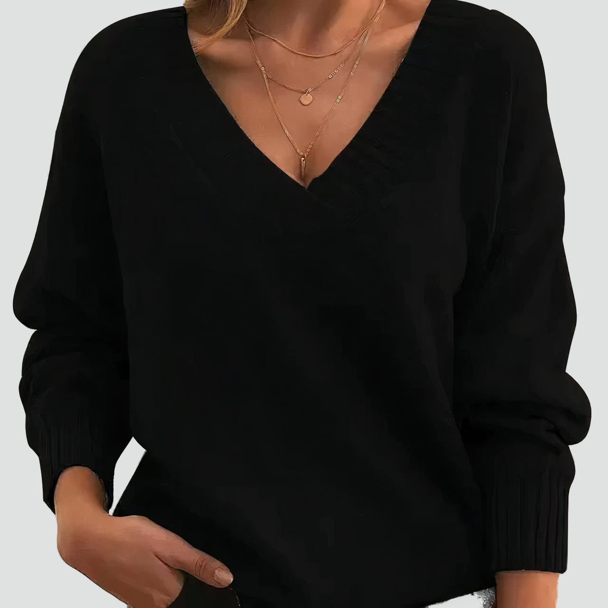 Women's Ribbed-Cuff V-Neck Knit Sweater in black, Drape Fit