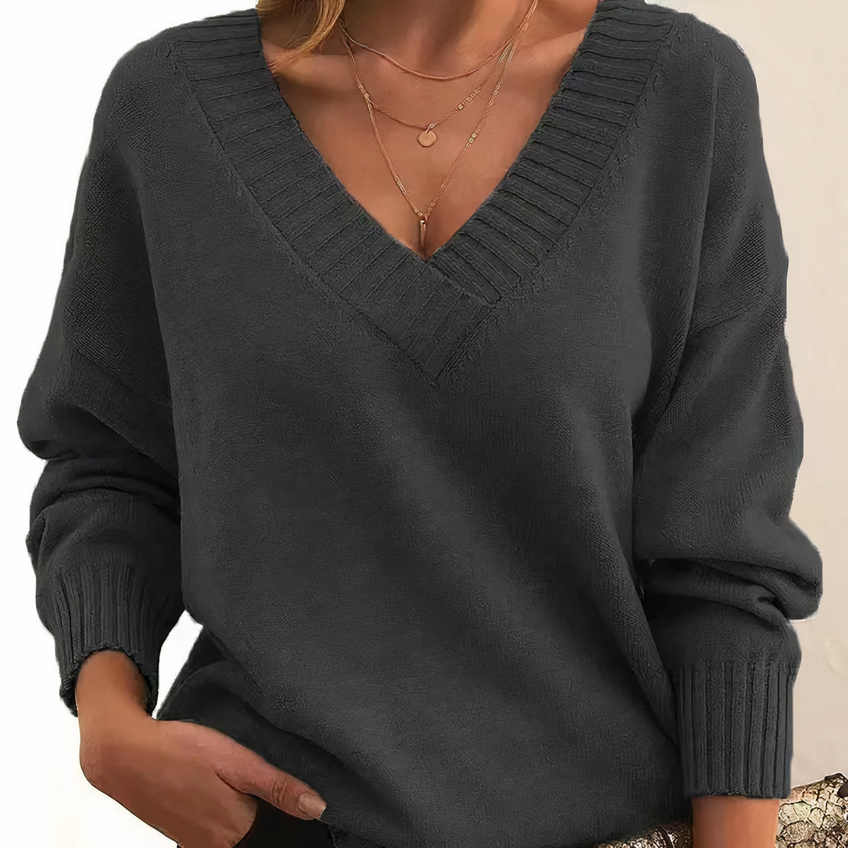 Women's Ribbed-Cuff V-Neck Knit Sweater in dark gray, Drape Fit