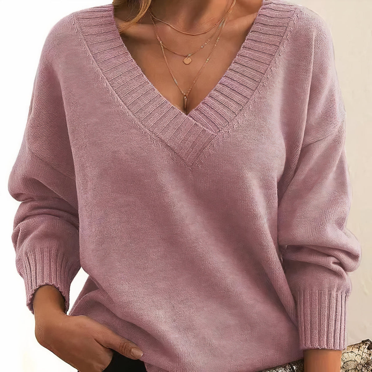 Women's Ribbed-Cuff V-Neck Knit Sweater in pink, Drape Fit