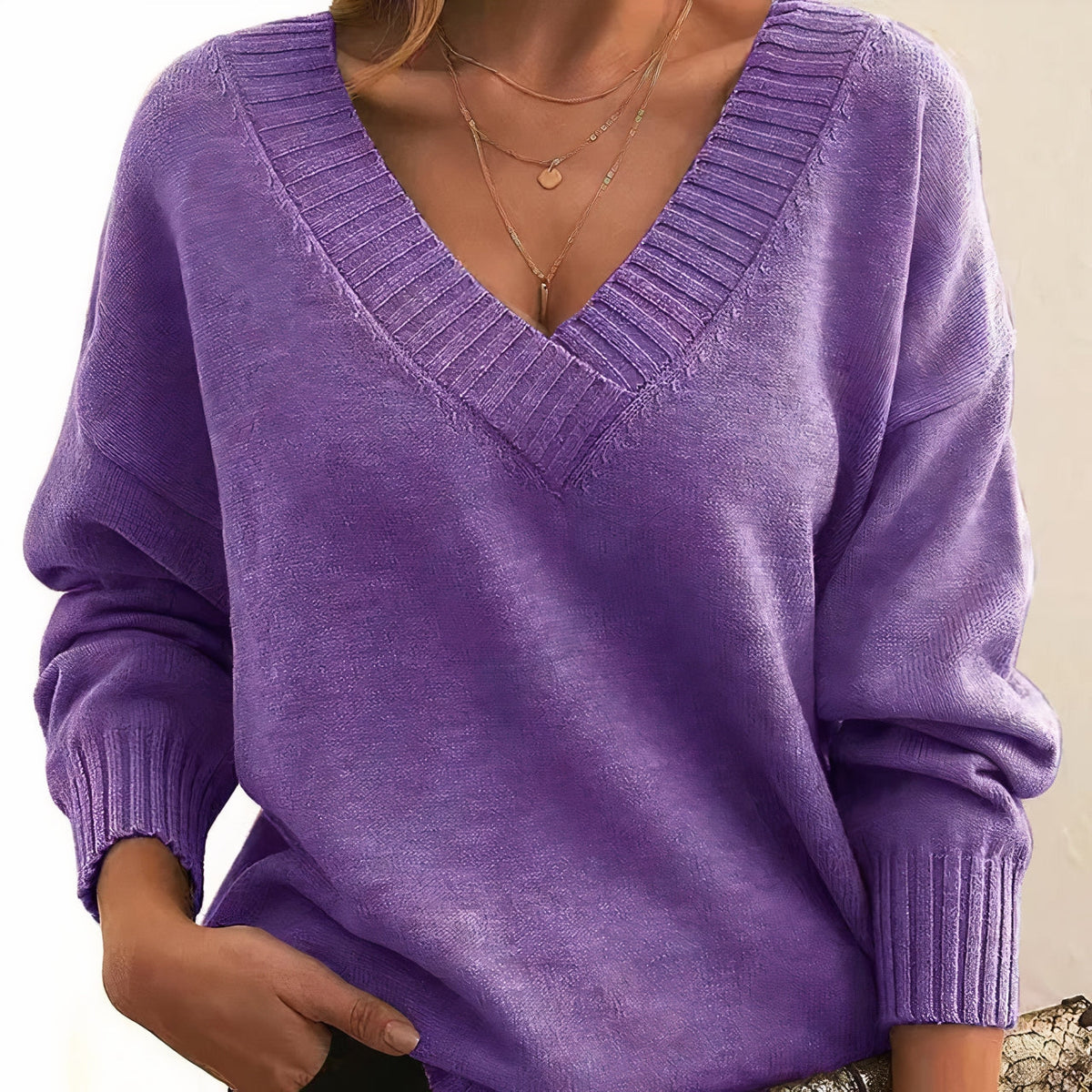 Women's Ribbed-Cuff V-Neck Knit Sweater in purple, Drape Fit