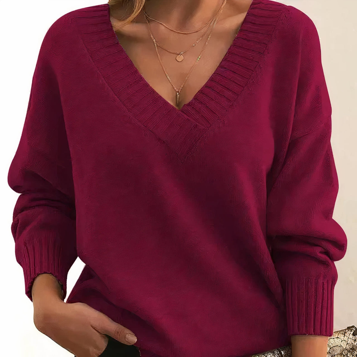 Women's Ribbed-Cuff V-Neck Knit Sweater in red, Drape Fit