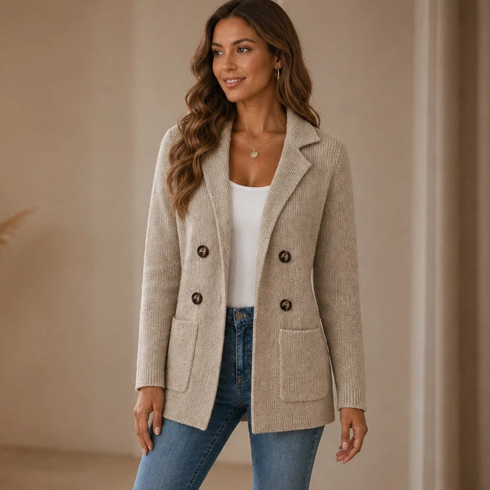 Women's Ribbed Knit Double-Breasted Cardigan in khaki, Longline