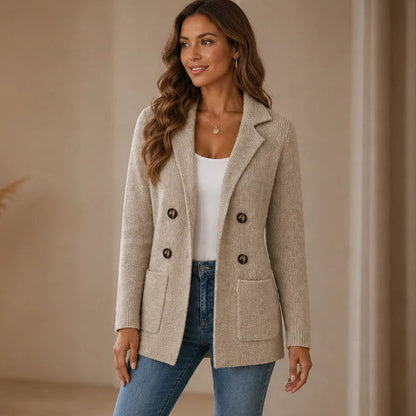 Women's Ribbed Knit Double-Breasted Cardigan in khaki, Longline