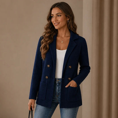 Women's Ribbed Knit Double-Breasted Cardigan in navy, Longline