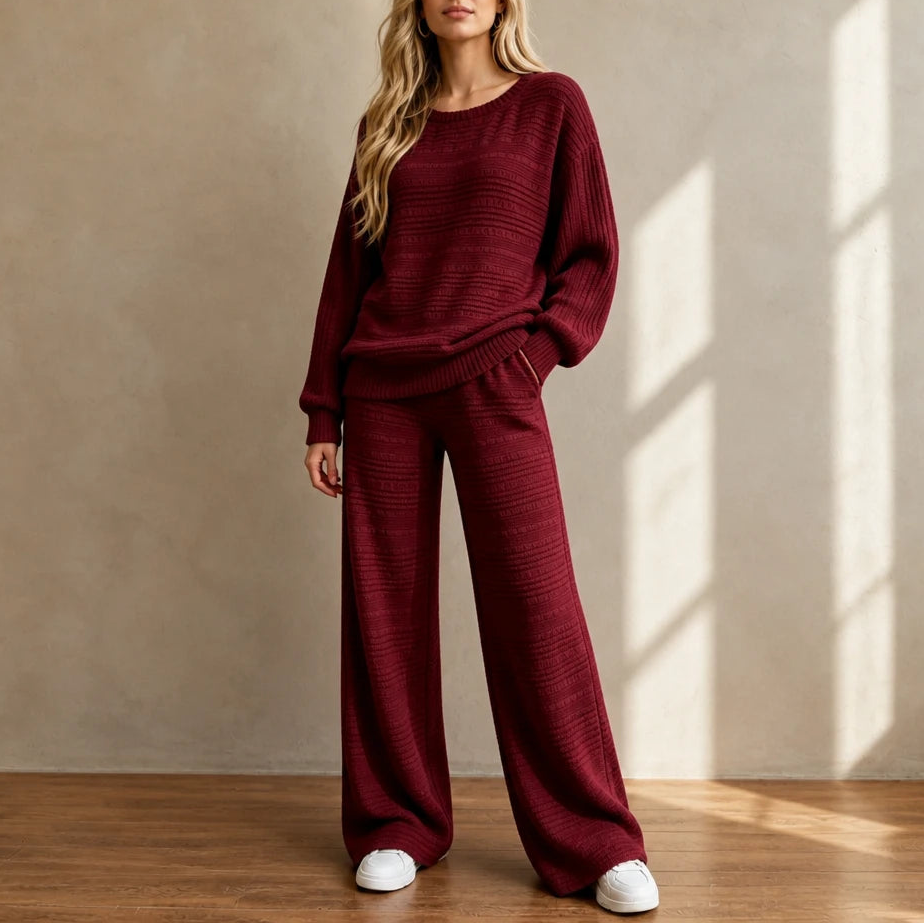Women's Ribbed Knit Lounge Set – Wide-Leg Pants - Burgundy