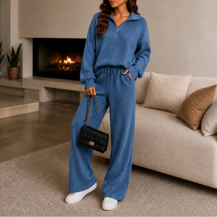 Women's Ribbed Knit Loungewear Set in blue, Wide-Leg Pants