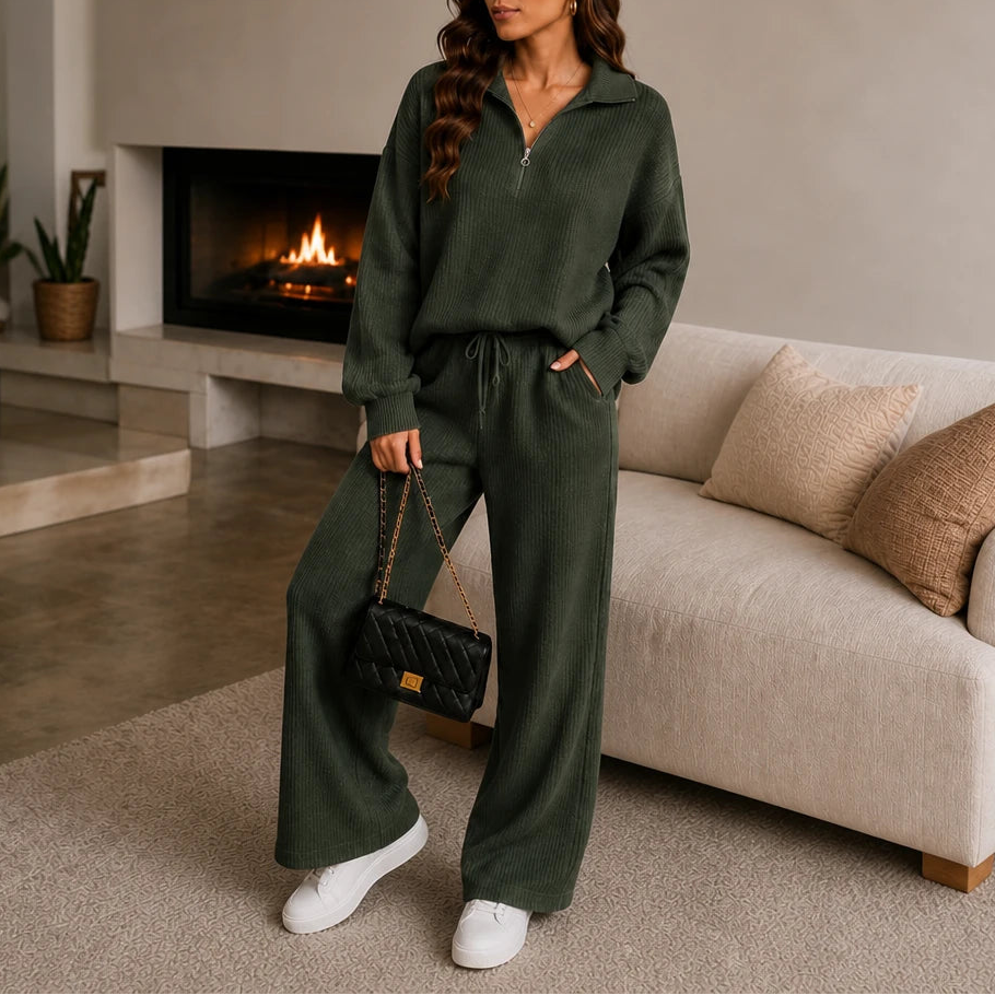 Women's Ribbed Knit Loungewear Set in military green, Wide-Leg Pants