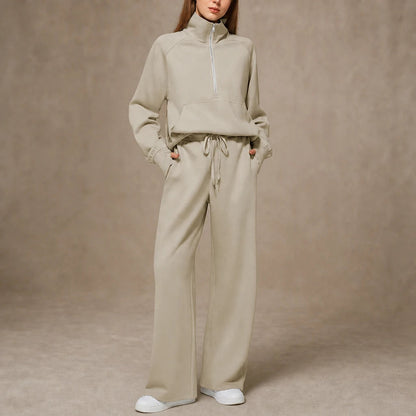 Women's Ribbed Oversized Lounge Set – Wide-Leg Pants & Top - Light Grey