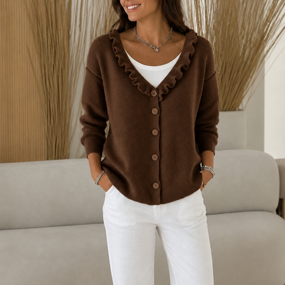 Women's Ruffle-Collar Stretch Knit Cardigan in dark brown, Fitted Button Front