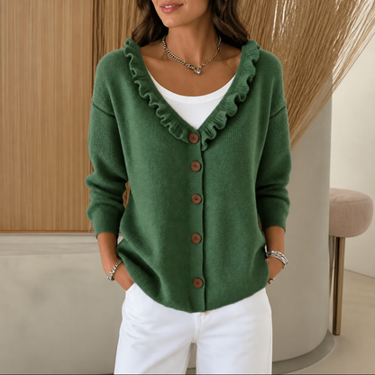 Women's Ruffle-Collar Stretch Knit Cardigan in green, Fitted Button Front