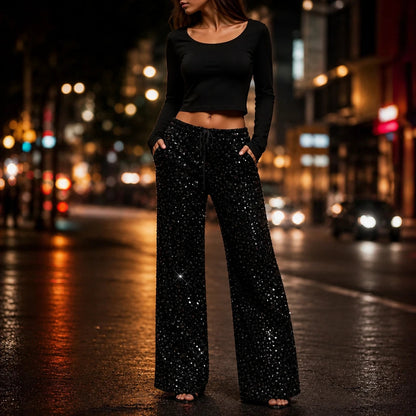 Women's Sequin Straight-Leg Trousers in black, Party Sparkle Pants