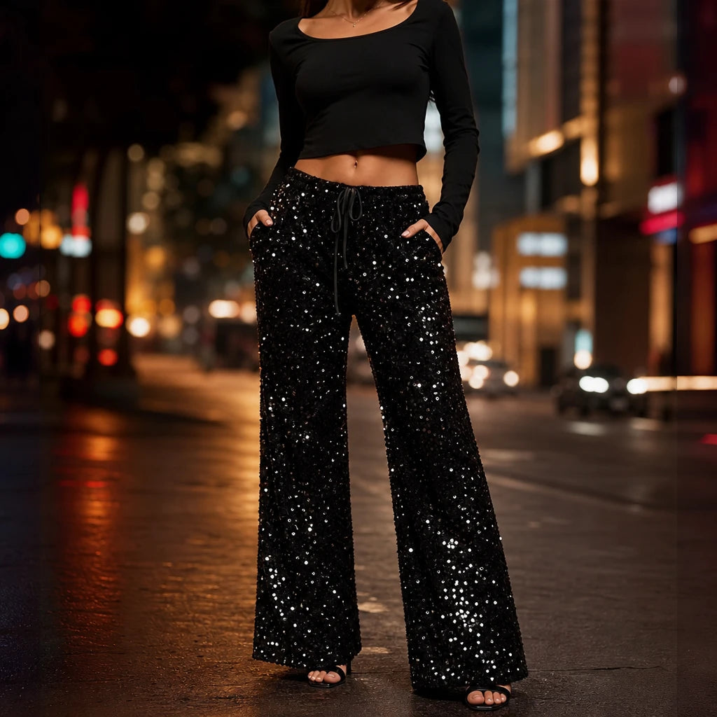 Women's Sequin Straight-Leg Trousers - Party Sparkle Pants