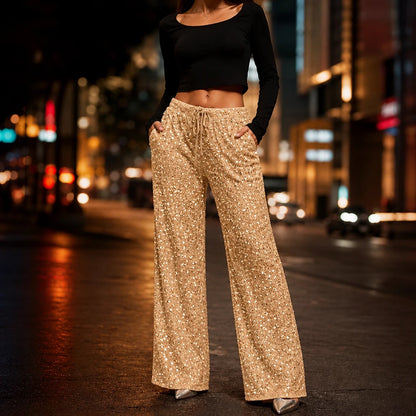 Women's Sequin Straight-Leg Trousers in gold, Party Sparkle Pants