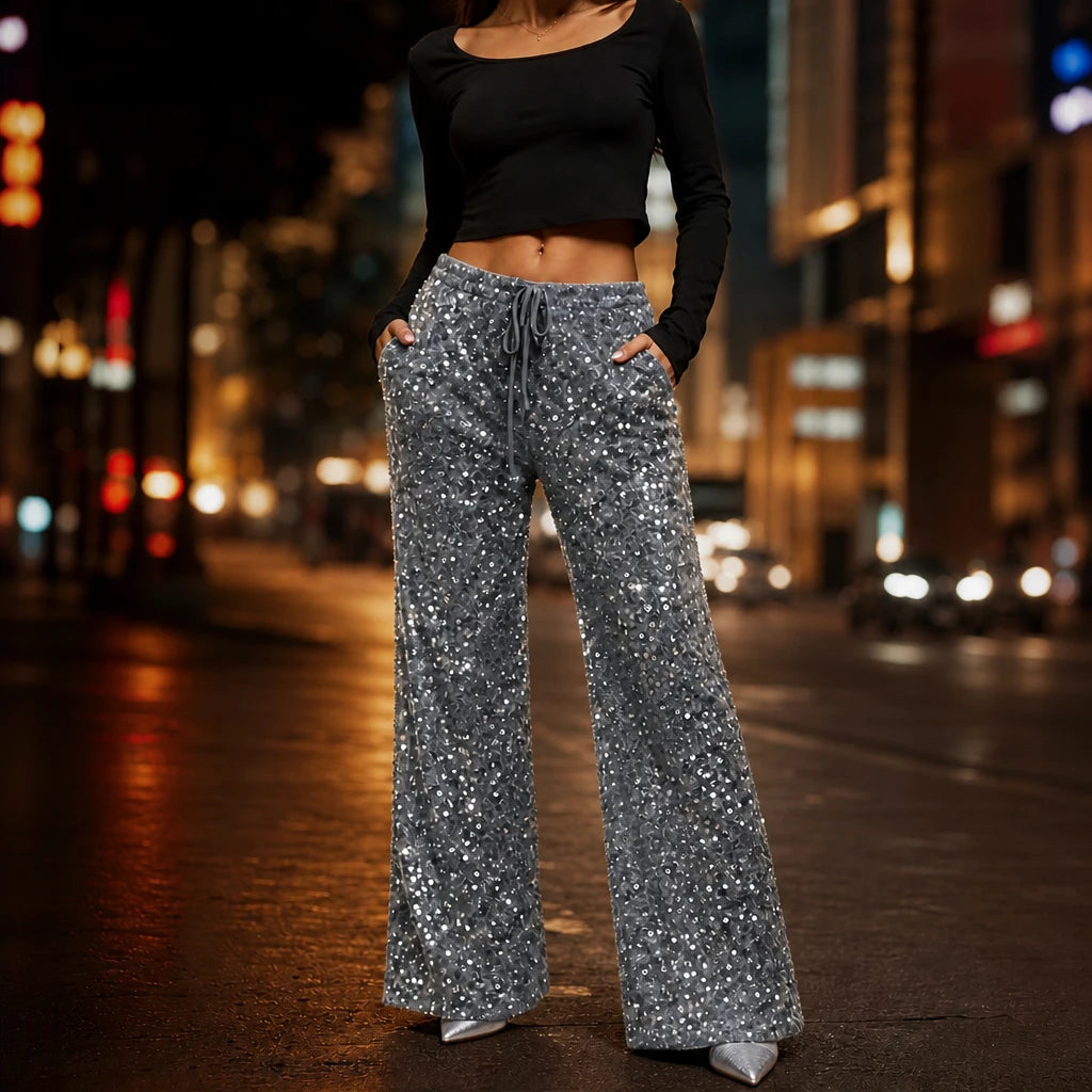 Women's Sequin Straight-Leg Trousers in grey, Party Sparkle Pants