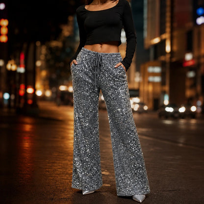 Women's Sequin Straight-Leg Trousers in grey, Party Sparkle Pants