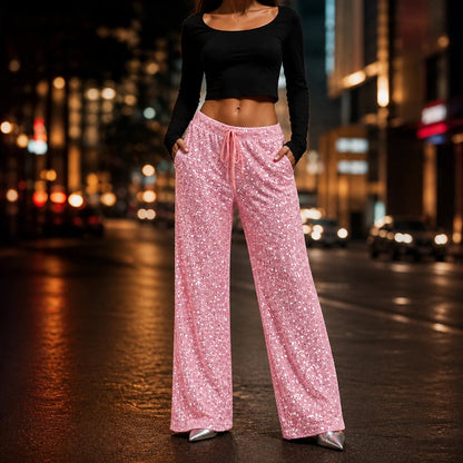 Women's Sequin Straight-Leg Trousers in pink, Party Sparkle Pants