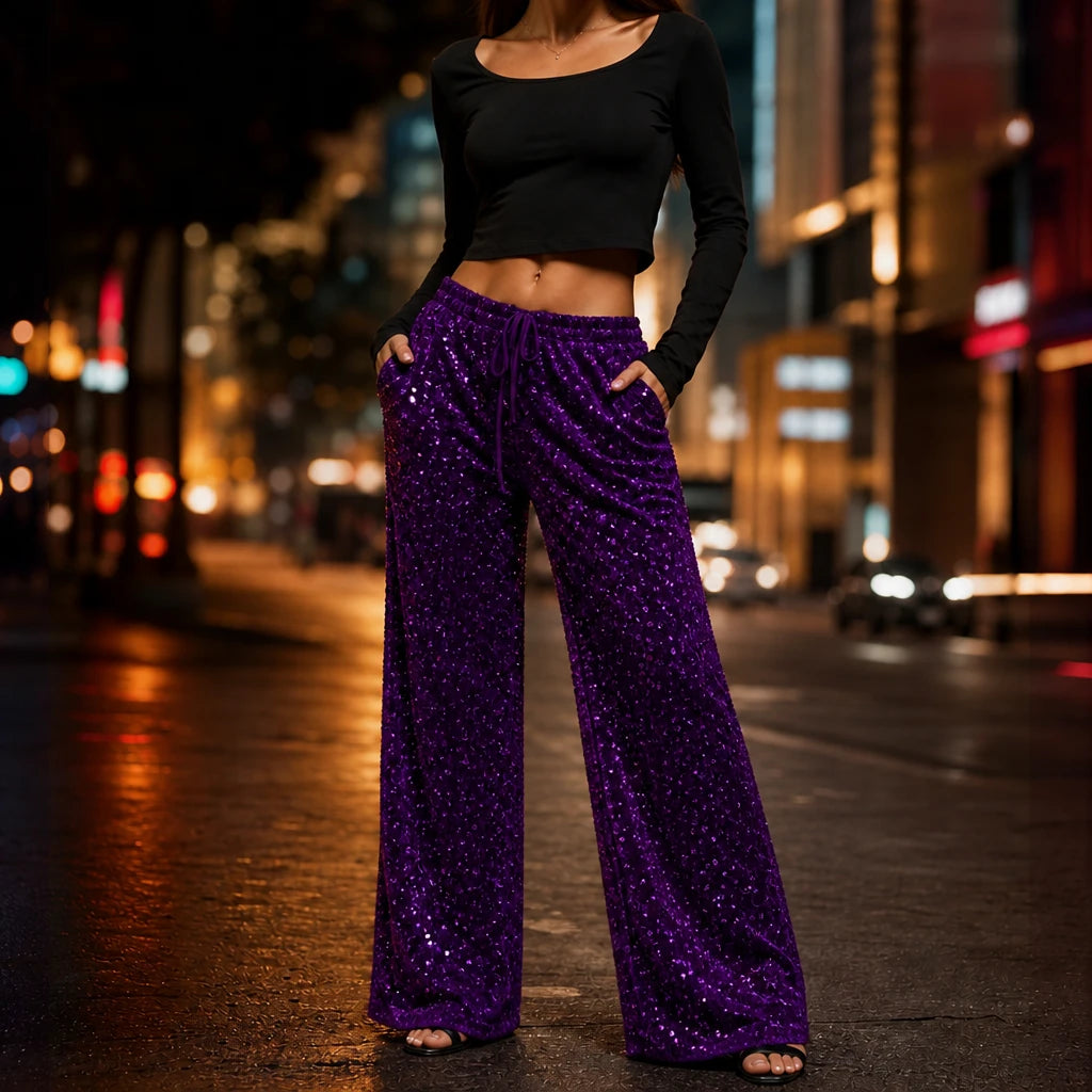 Women's Sequin Straight-Leg Trousers in purple, Party Sparkle Pants