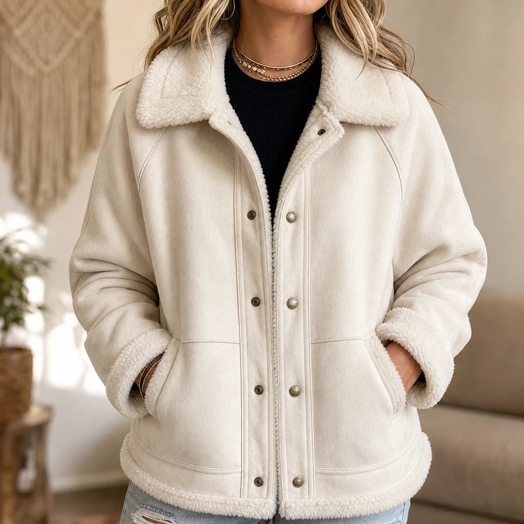 Women's Shearling-Trim Suede Jacket in cream, Warm Layering Essential