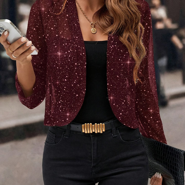 Women's Shimmer Cropped Jacket in burgundy, 3/4 Sleeve Open Front