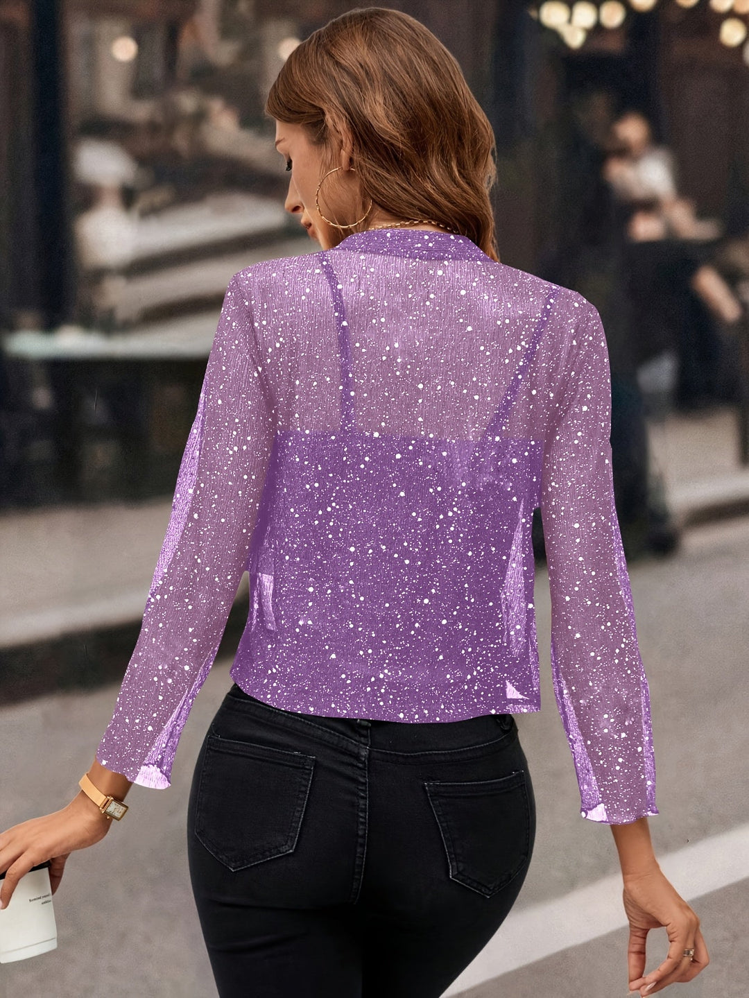 Women's Shimmer Cropped Jacket - 3/4 Sleeve Open Front