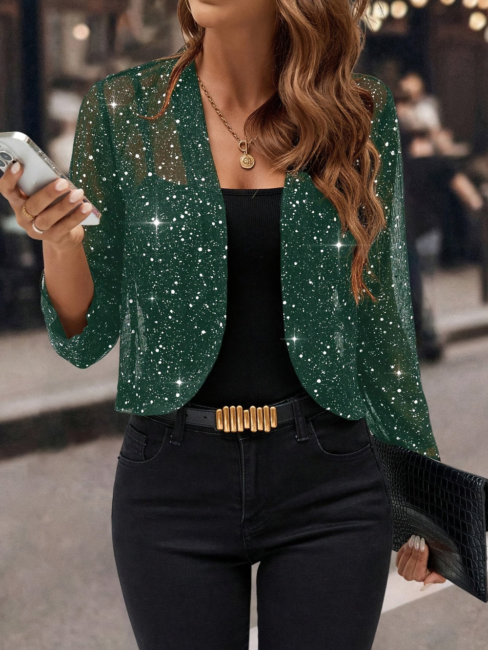 Women's Shimmer Cropped Jacket - 3/4 Sleeve Open Front