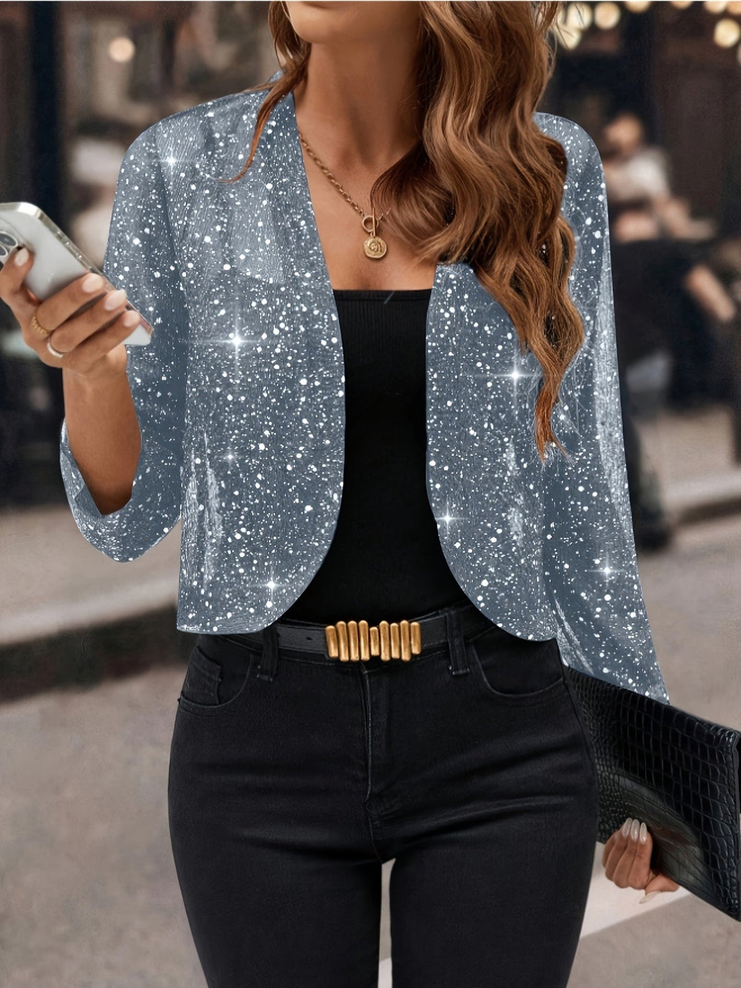 Women's Shimmer Cropped Jacket - 3/4 Sleeve Open Front