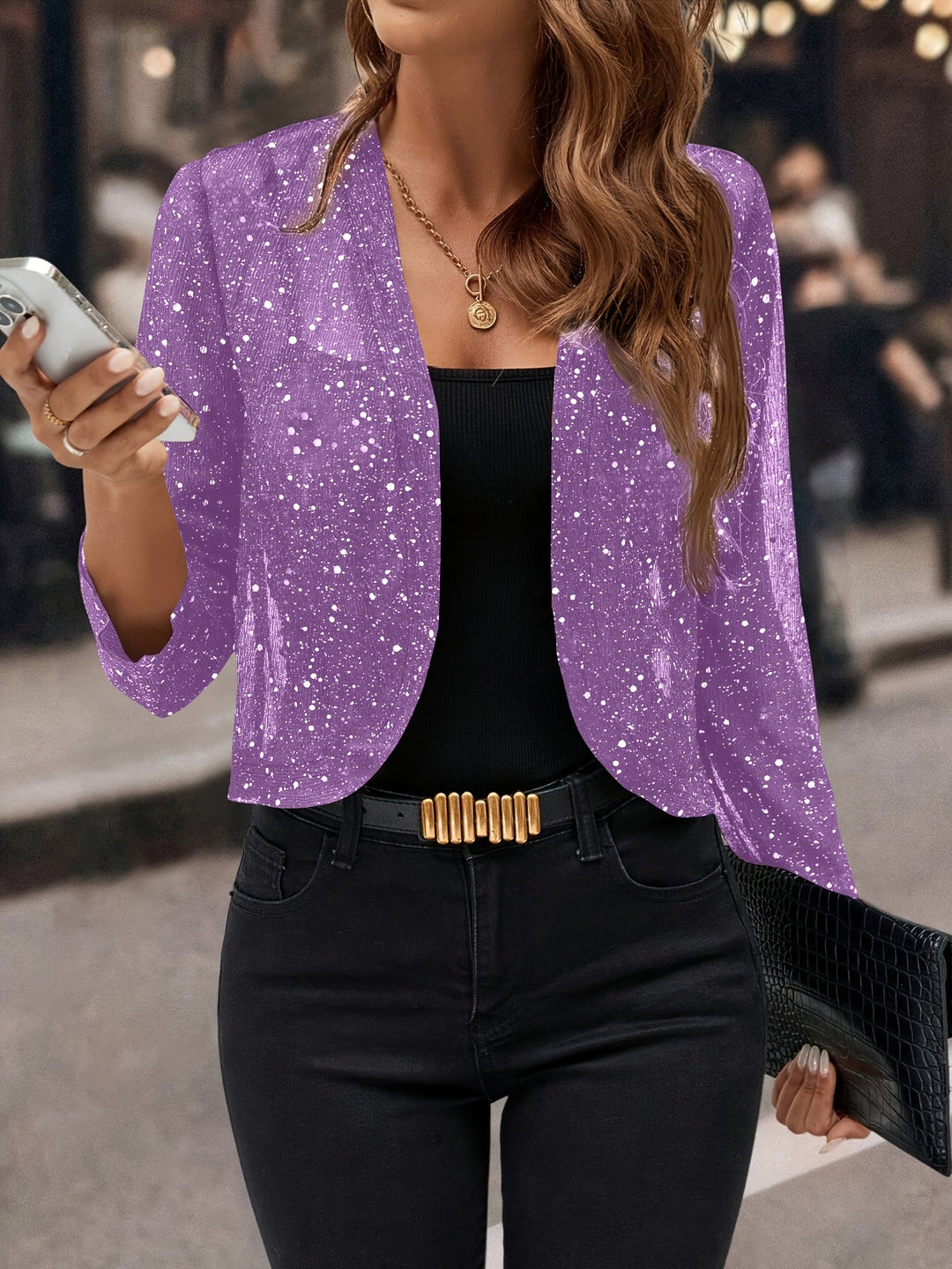 Women's Shimmer Cropped Jacket - 3/4 Sleeve Open Front