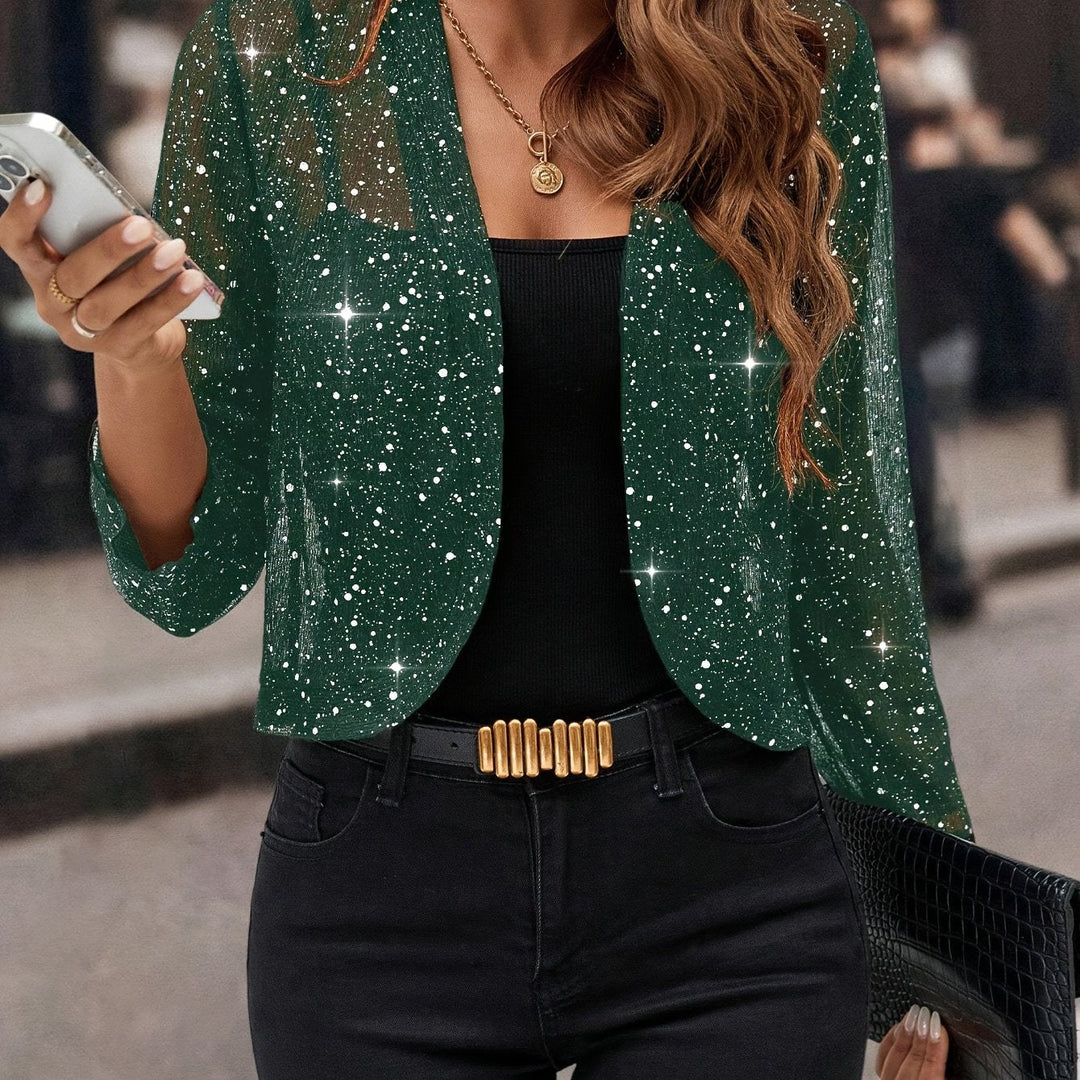Women's Shimmer Cropped Jacket in green, 3/4 Sleeve Open Front