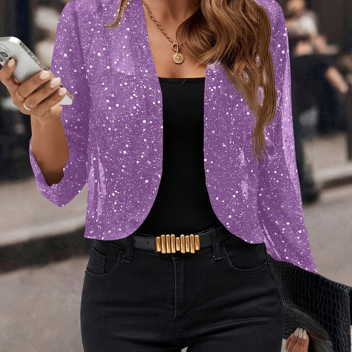 Women's Shimmer Cropped Jacket in purple, 3/4 Sleeve Open Front