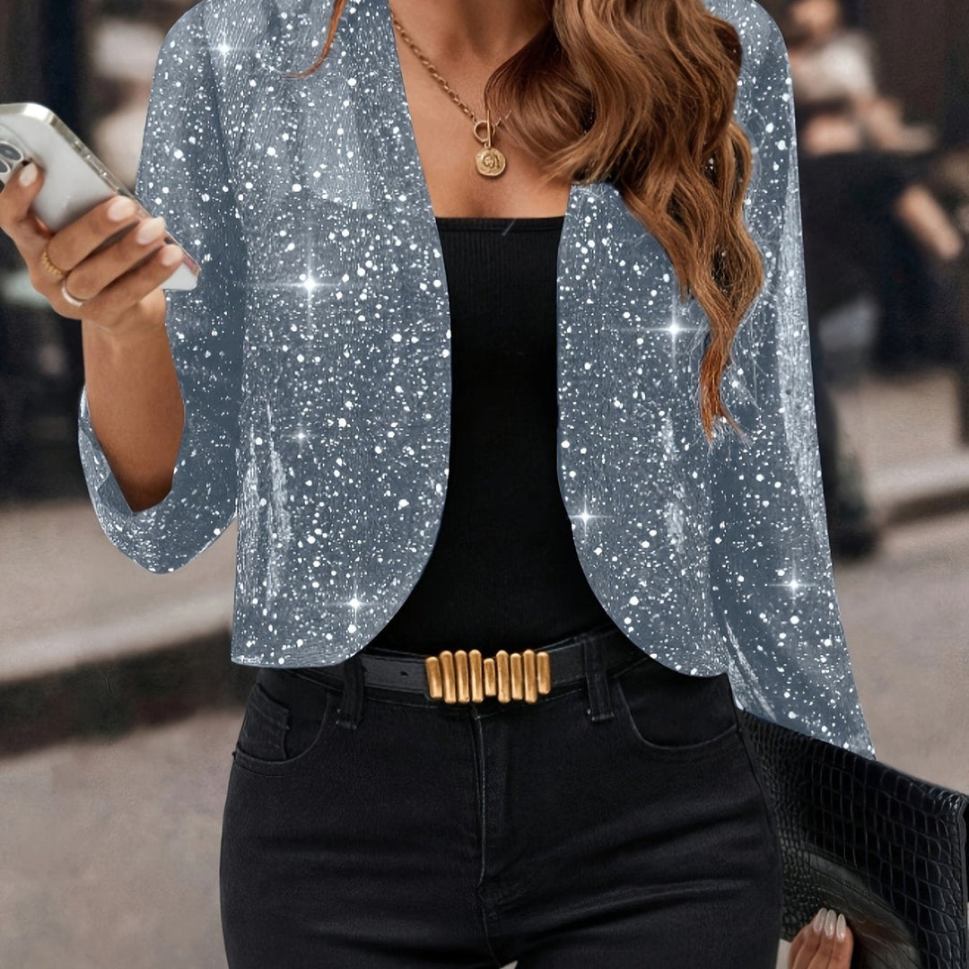 Women's Shimmer Cropped Jacket in sky blue, 3/4 Sleeve Open Front