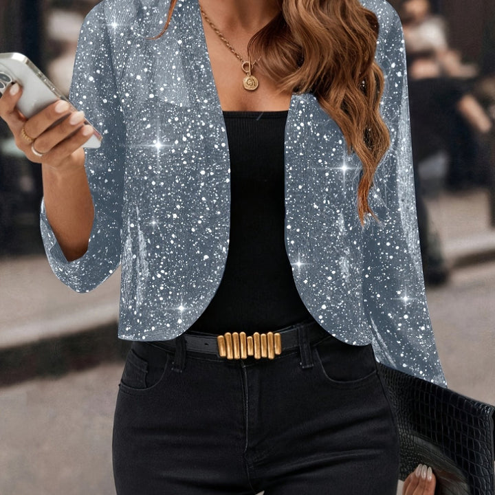 Women's Shimmer Cropped Jacket in sky blue, 3/4 Sleeve Open Front